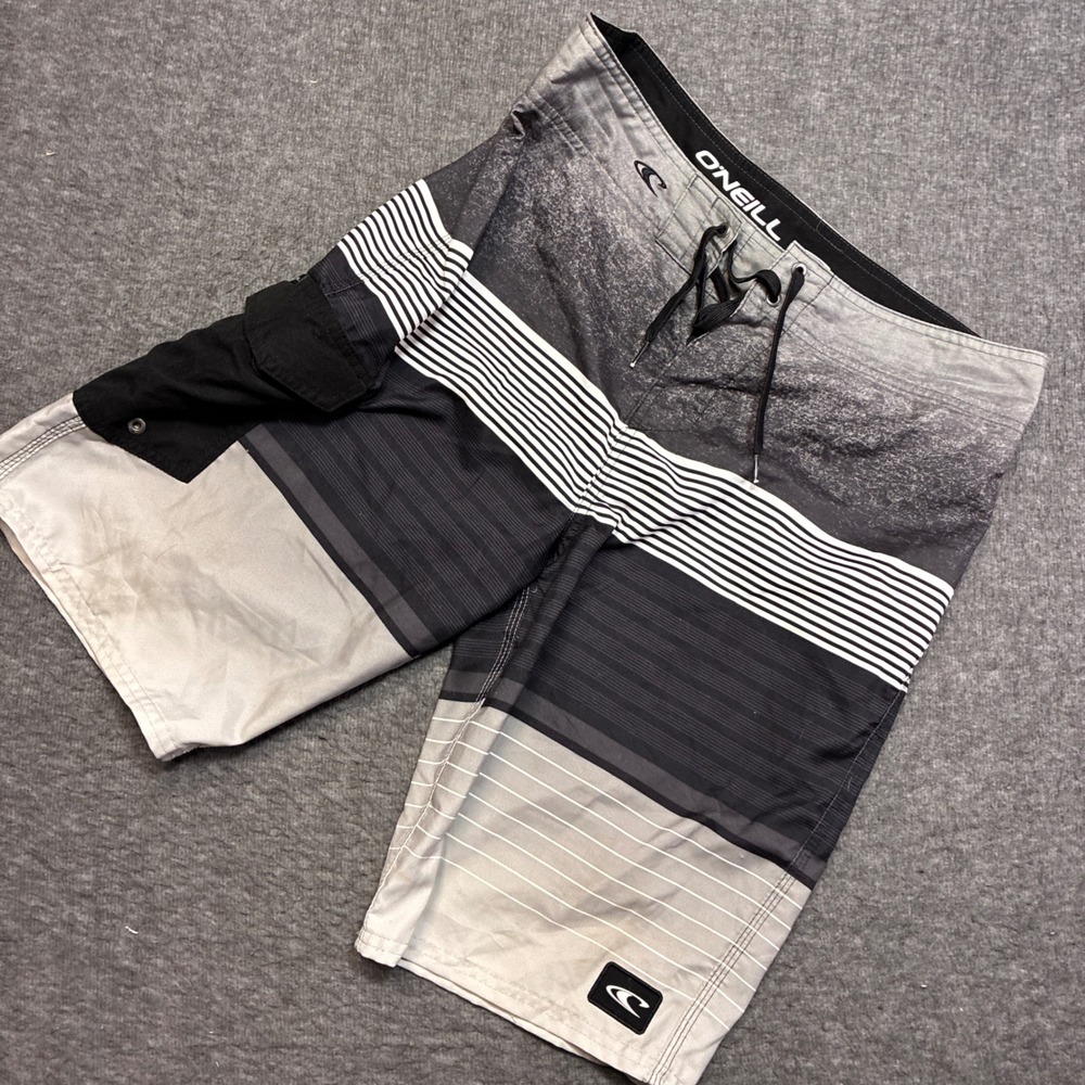 O'Neill Board Shorts Mens 32 Gray Striped Cargo Pocket Swim Trunks Beach Surf